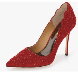 XYD Red Rhinestone Crystals Stiletto Heel Wedding Bridal Pointed Toe Pumps